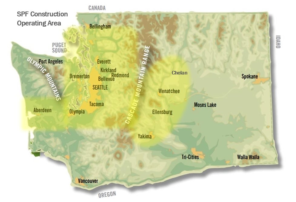 SPF Construction operating area map — Washington State showing highlighted service territory across the Puget Sound region, Cascade Mountain Range corridor, and eastern valleys including Seattle, Tacoma, Federal Way, Bremerton, Everett, Kirkland, Bellevue, Olympia, Ocean Shores, Wenatchee, Chelan, Ellensburg, and Yakima
